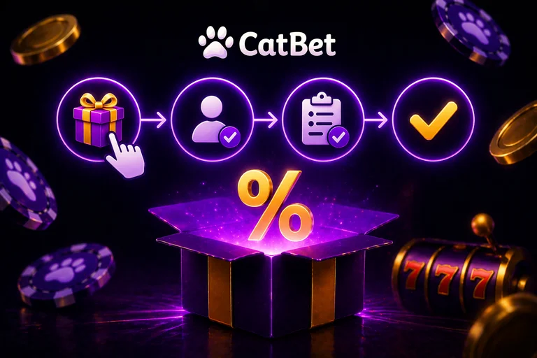 Как активировать бонус на CatBet — раздел Акции в кабинете, кнопка Получить, ввод промокода и подтверждение после депозита
