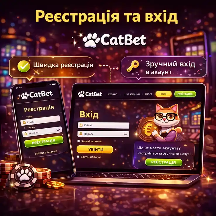 Формы регистрации и входа на CatBet с полями email и пароля, кнопками Войти и Регистрация в верхней панели сайта