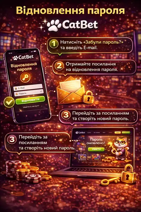 Восстановление пароля на CatBet — ссылка Забыли пароль под формой входа, ввод email, получение письма и создание нового пароля